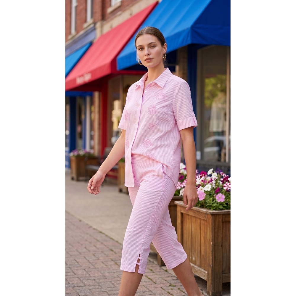 VTG Women's Bon Worth 2 Piece Pink Seersucker Capri L Grannycore Cottagecore